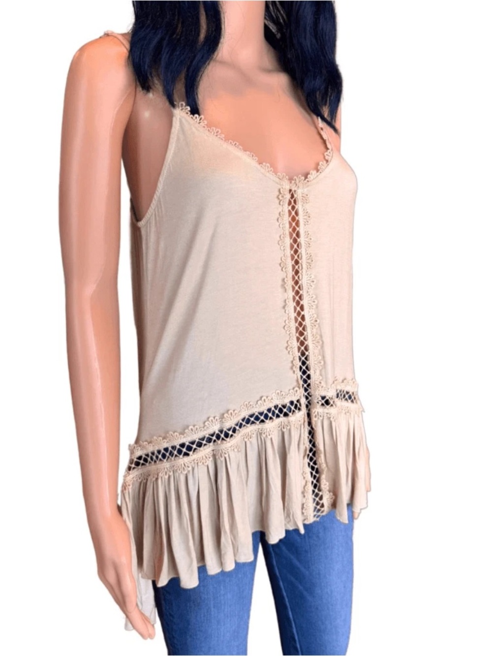 NWT POL Cream Boho Ruffle High Low Tunic Tank Top Small New Oversized Sleeveless - Picture 3 of 6
